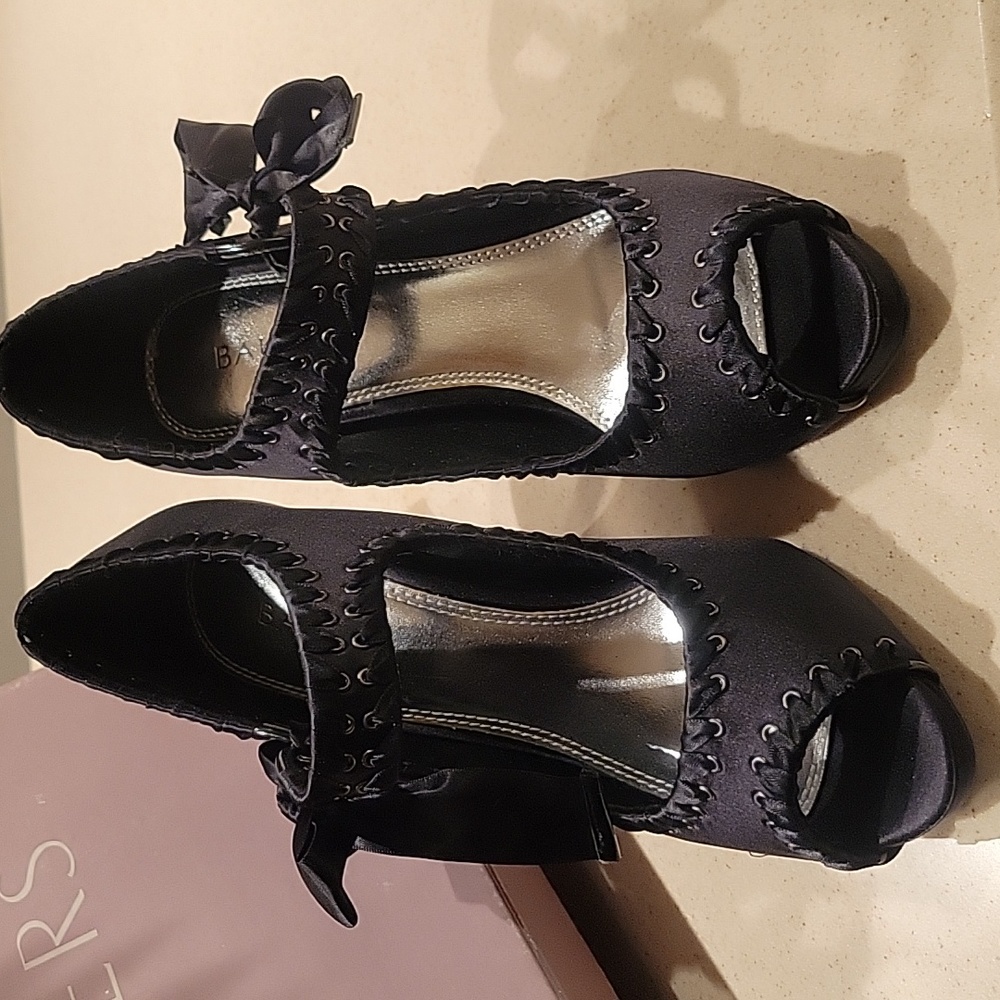 Bakers Black Satin Peep-Toe Heels with Bow Accent